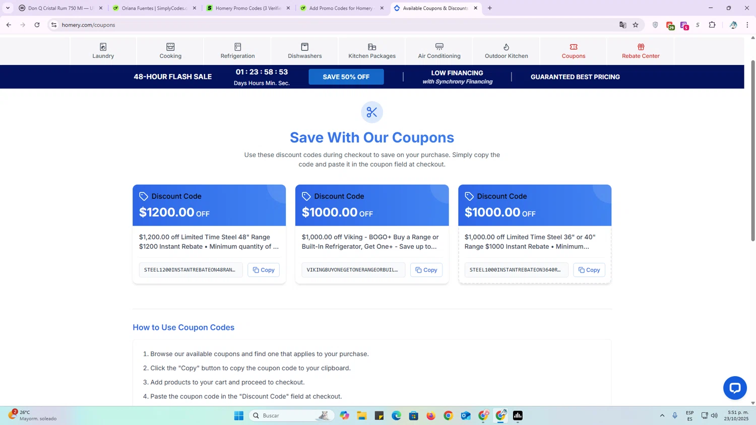 Homery promo code screenshot showing code STEEL1000INSTANTREBATEON3640RANGE applied at Homery checkout page. Uploaded by SimplyCodes community member OriCarol on Oct 23, 2025