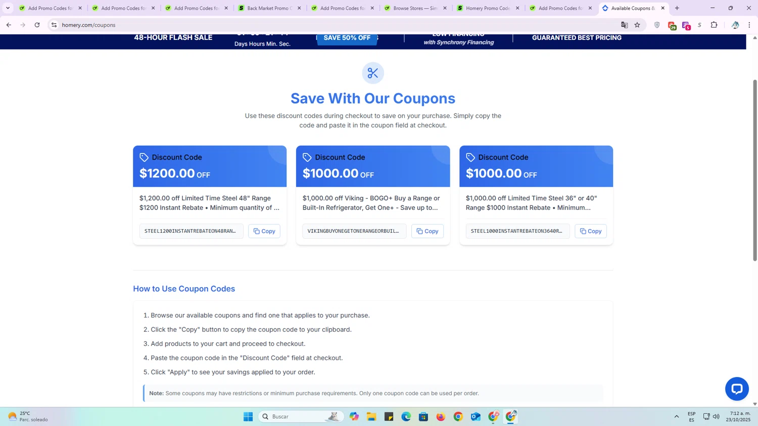 Homery promo code screenshot showing code STEEL1200INSTANTREBATEON48RANGE applied at Homery checkout page. Uploaded by SimplyCodes community member OriCarol on Oct 23, 2025