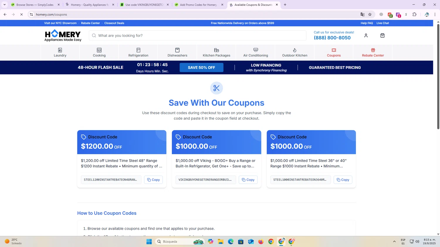 Homery promo code screenshot showing code STEEL1200INSTANTREBATEON48RANGE applied at Homery checkout page. Uploaded by SimplyCodes community member OriCarol on Sep 19, 2025