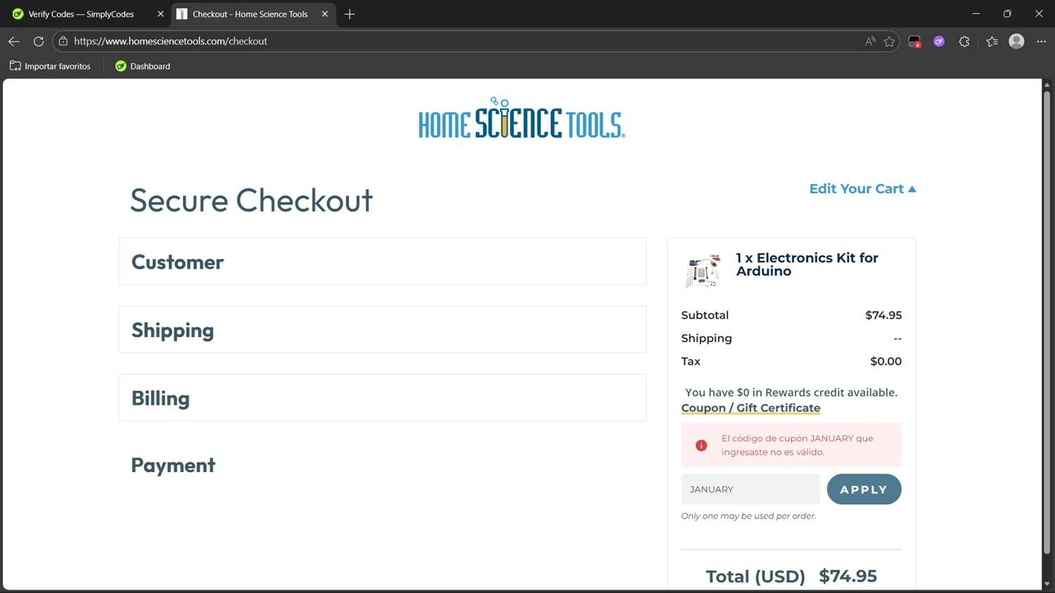 Home Science Tools promo code screenshot showing code JANUARY applied at Home Science Tools checkout page. Uploaded by SimplyCodes community member dragonjeffer_93a9 on Feb 18, 2026