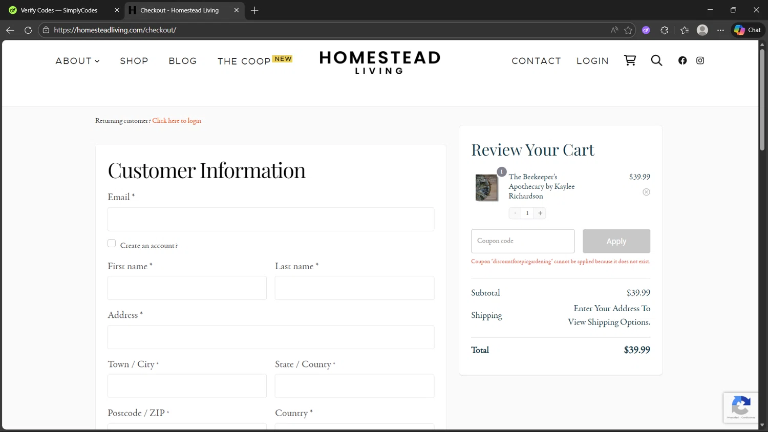 Homestead Living promo code screenshot showing code discountforEpicGardening applied at Homestead Living checkout page. Uploaded by SimplyCodes community member dragonjeffer_93a9 on Jan 9, 2026