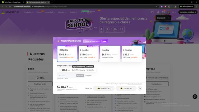 Homestyler checkout page showing Homestyler coupon code box | Screenshot taken by SimplyCodes community member on Sep 8, 2025