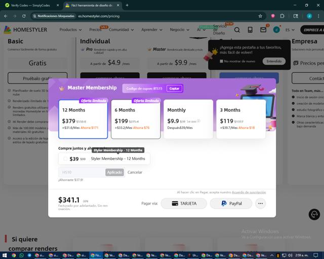 Homestyler checkout page showing Homestyler coupon code box | Screenshot taken by SimplyCodes community member on Sep 8, 2025