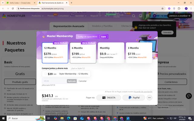Homestyler checkout page showing Homestyler coupon code box | Screenshot taken by SimplyCodes community member on Sep 3, 2025