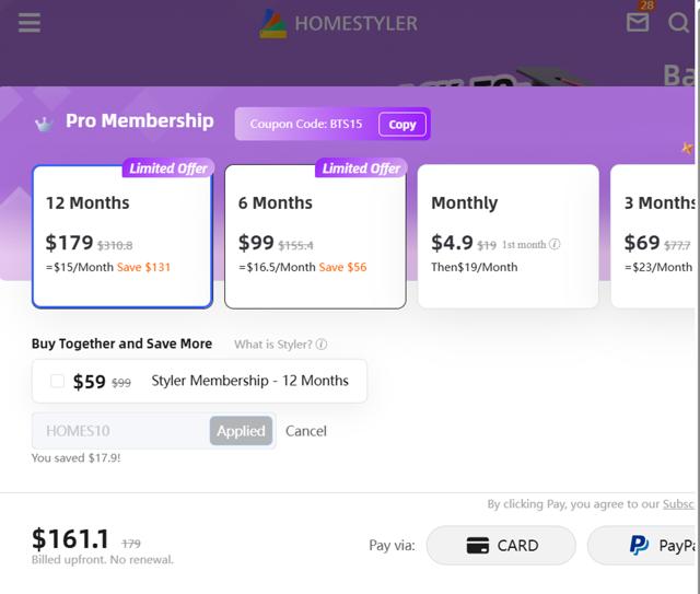 Homestyler checkout page showing Homestyler coupon code box | Screenshot taken by SimplyCodes community member on Sep 3, 2025