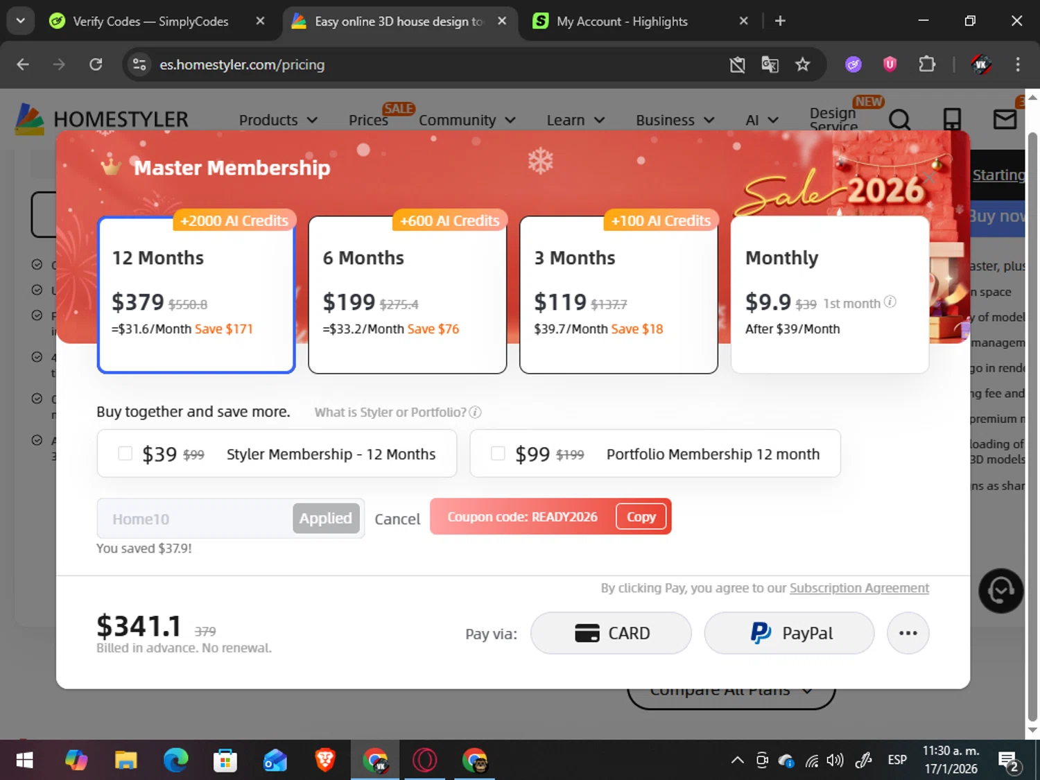 Homestyler promo code screenshot showing code Home10 applied at Homestyler checkout page. Uploaded by SimplyCodes community member TreasureAdmiral6867 on Jan 17, 2026