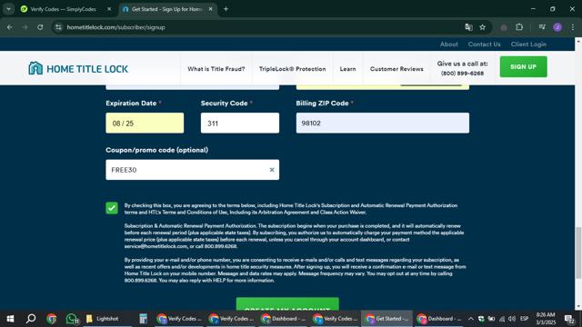 Home Title Lock checkout page showing Home Title Lock promo code box | Screenshot taken by SimplyCodes community member on Mar 3, 2025