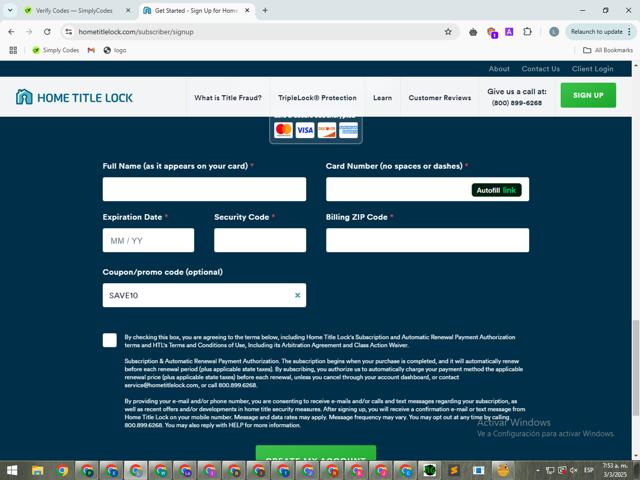 Home Title Lock checkout page showing Home Title Lock promo code box | Screenshot taken by SimplyCodes community member on Mar 3, 2025