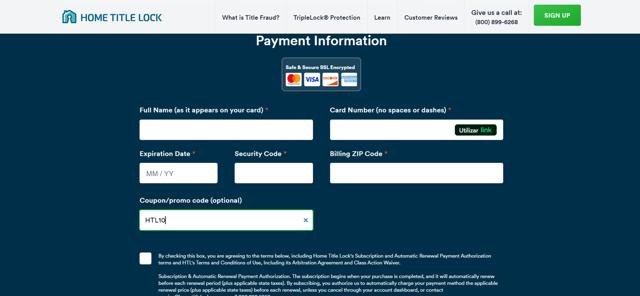 Home Title Lock checkout page showing Home Title Lock promo code box | Screenshot taken by SimplyCodes community member on Mar 3, 2025