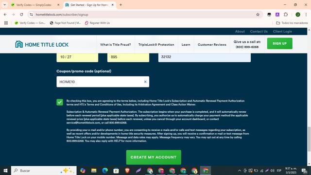 Home Title Lock checkout page showing Home Title Lock promo code box | Screenshot taken by SimplyCodes community member on Mar 3, 2025