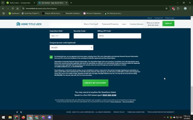 Home Title Lock checkout page showing Home Title Lock promo code box | Screenshot taken by SimplyCodes community member on Mar 3, 2025