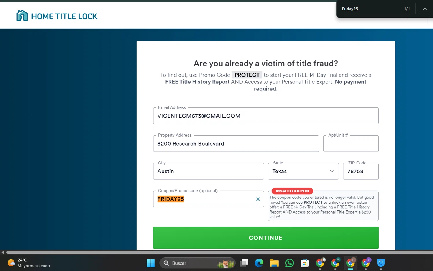 Home Title Lock promo code screenshot showing code Friday25 applied at Home Title Lock checkout page. Uploaded by SimplyCodes community member CleverLynx5188 on Dec 20, 2025