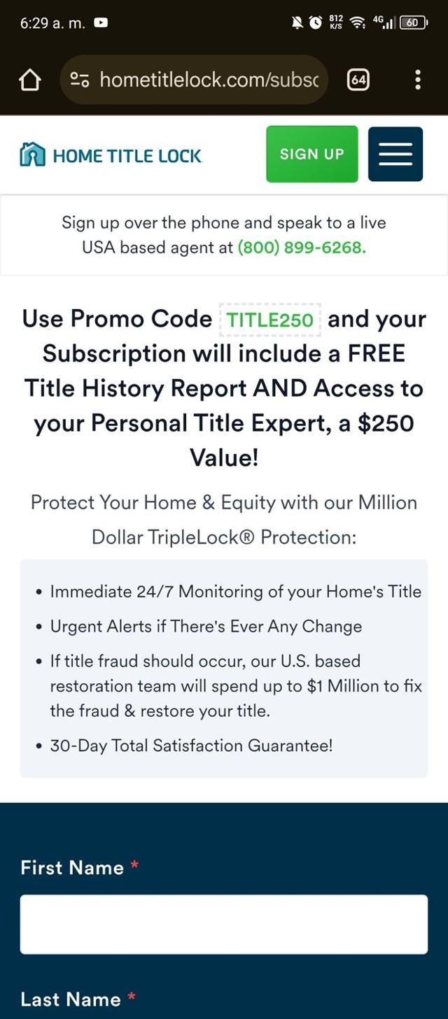 Home Title Lock checkout page showing Home Title Lock promo code box | Screenshot taken by SimplyCodes community member on Feb 18, 2025