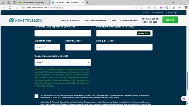 Home Title Lock checkout page showing Home Title Lock promo code box | Screenshot taken by SimplyCodes community member on Feb 18, 2025