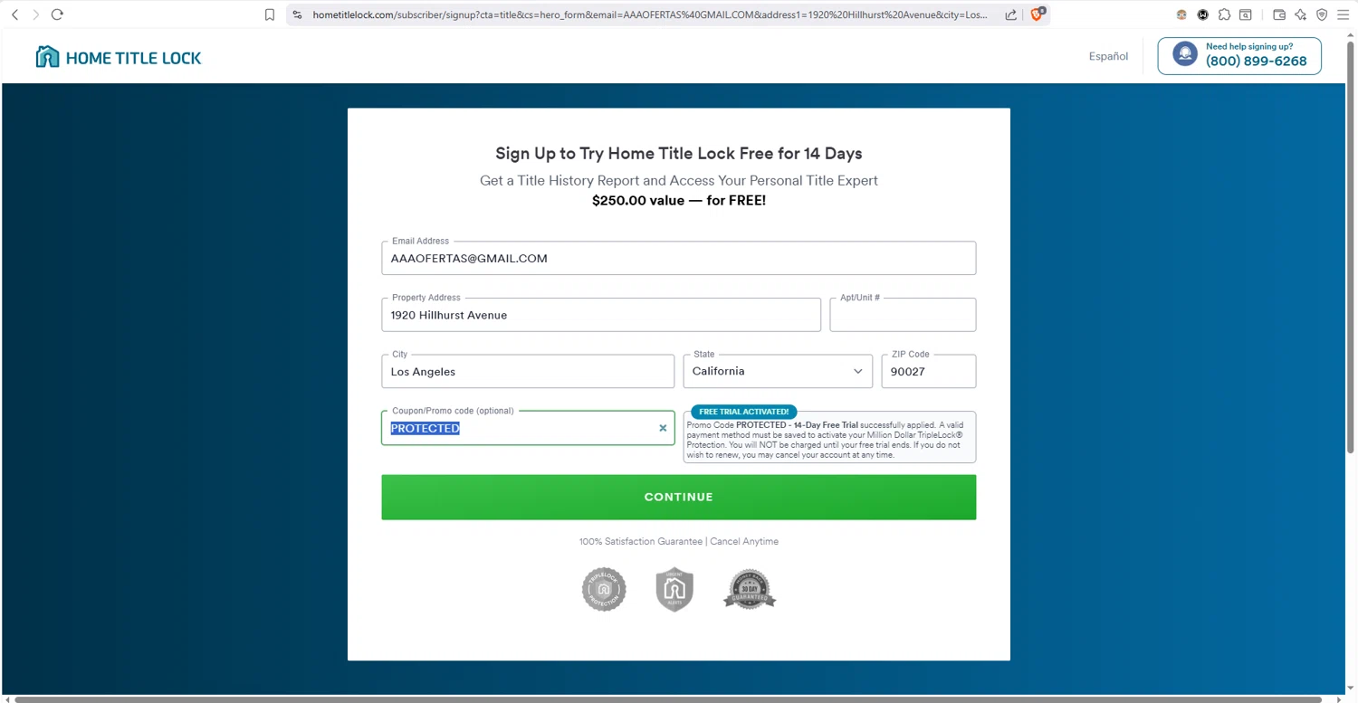 Home Title Lock promo code screenshot showing code PROTECTED applied at Home Title Lock checkout page. Uploaded by SimplyCodes community member dayselis15 on Dec 21, 2025