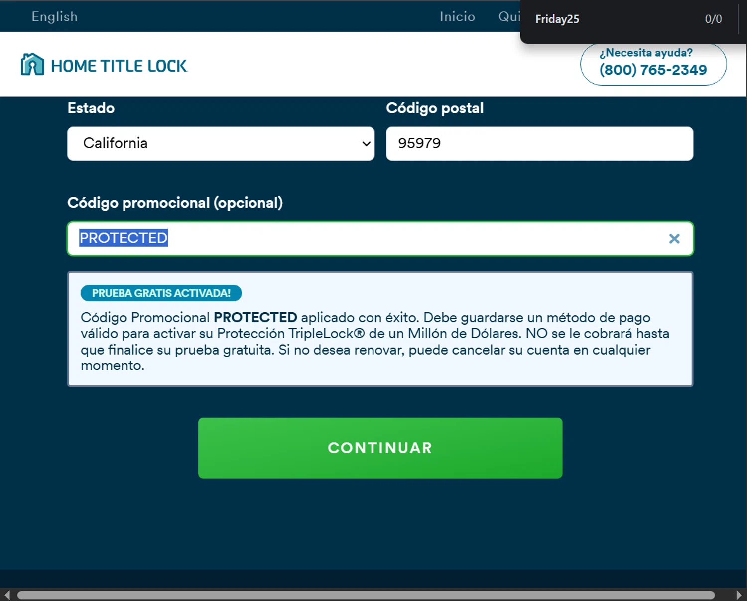 Home Title Lock promo code screenshot showing code PROTECTED applied at Home Title Lock checkout page. Uploaded by SimplyCodes community member ValiantLion5897 on Dec 20, 2025