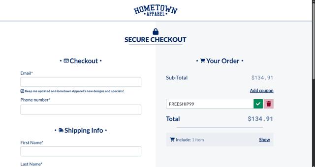Hometown Apparel checkout page showing Hometown Apparel coupon code box | Screenshot taken by SimplyCodes community member on Jul 23, 2025