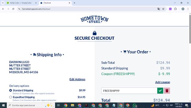 Hometown Apparel checkout page showing Hometown Apparel coupon code box | Screenshot taken by SimplyCodes community member on Sep 5, 2025