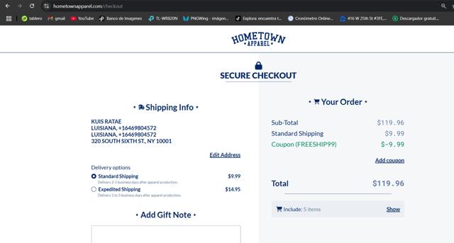 Hometown Apparel checkout page showing Hometown Apparel coupon code box | Screenshot taken by SimplyCodes community member on Jul 23, 2025