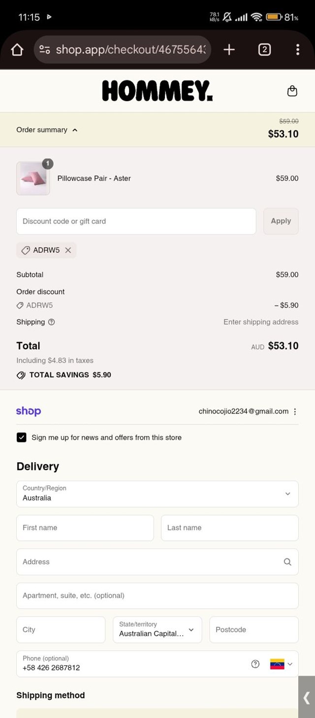 Hommey checkout page showing Hommey discount code box | Screenshot taken by SimplyCodes community member on Sep 2, 2025