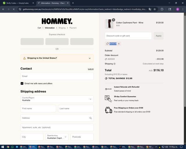 Hommey checkout page showing Hommey discount code box | Screenshot taken by SimplyCodes community member on Sep 6, 2025