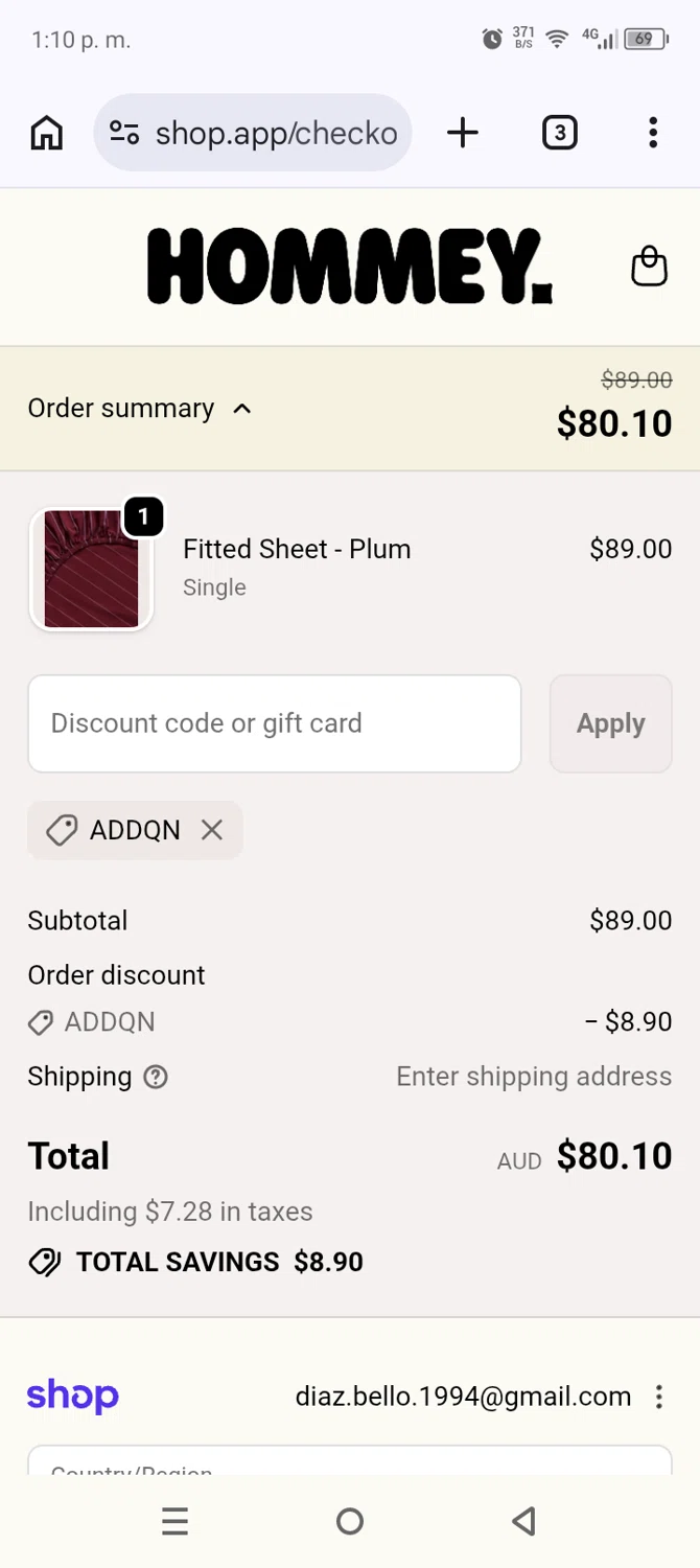 Hommey promo code screenshot showing code ADDQN applied at Hommey checkout page. Uploaded by SimplyCodes community member AnthonyGuapeton94 on May 30, 2026