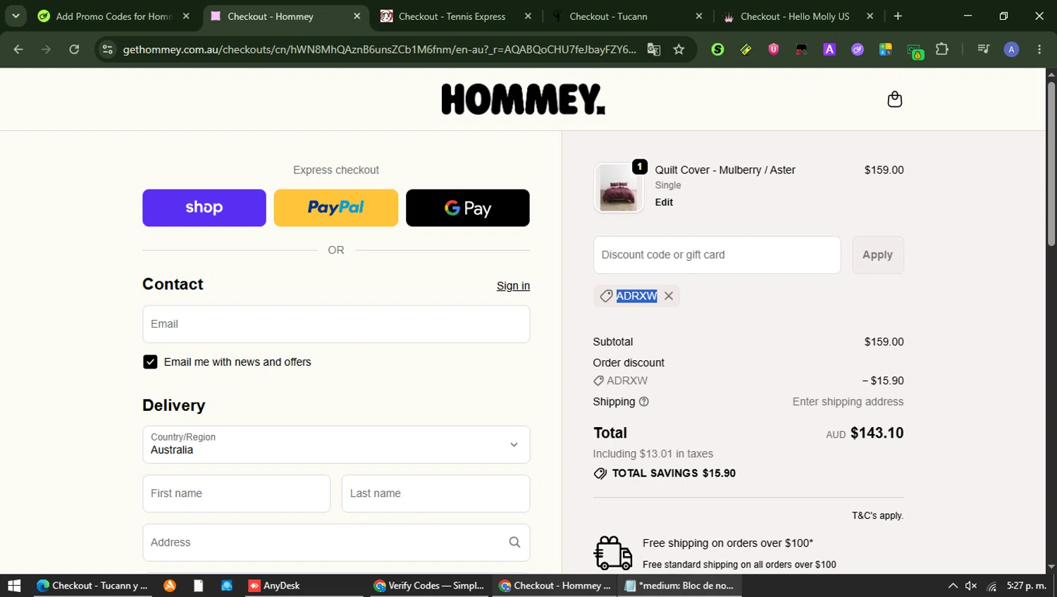 Hommey promo code screenshot showing code ADRXW applied at Hommey checkout page. Uploaded by SimplyCodes community member Carolina23 on Jun 11, 2026