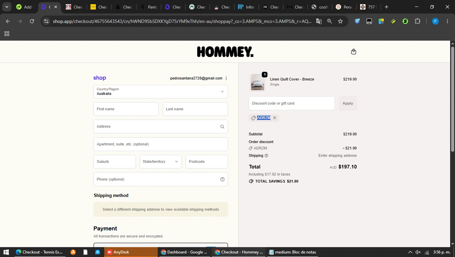 Hommey promo code screenshot showing code ADRZM applied at Hommey checkout page. Uploaded by SimplyCodes community member MAVESA on Jun 9, 2026