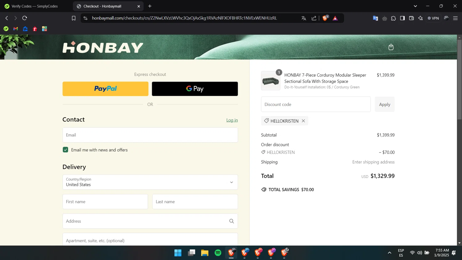 HONBAY discount code screenshot showing code HELLOKRISTEN applied at HONBAY checkout page. Uploaded by SimplyCodes community member Liiink on Jan 9, 2025