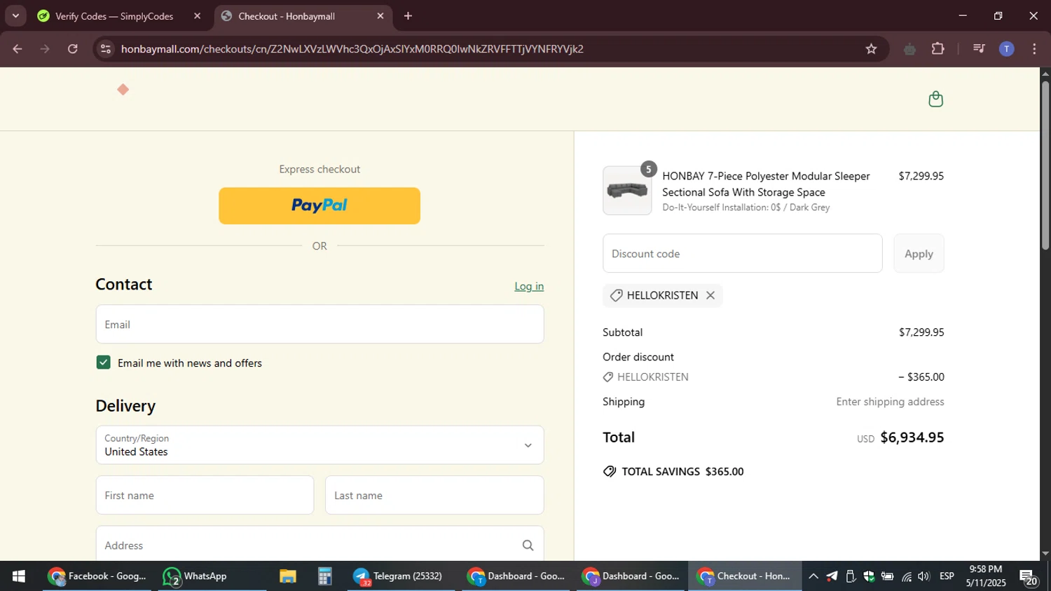 HONBAY discount code screenshot showing code HELLOKRISTEN applied at HONBAY checkout page. Uploaded by SimplyCodes community member snidertom8 on May 12, 2025