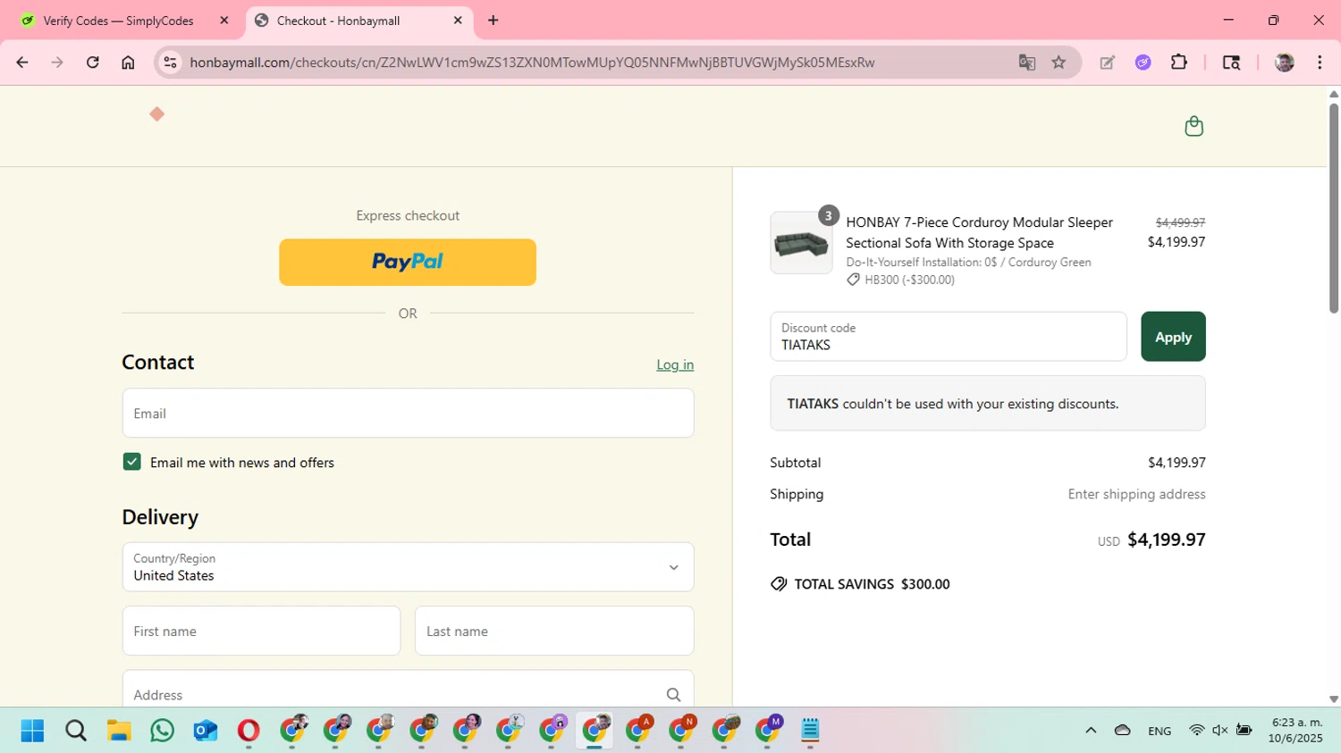 HONBAY discount code screenshot showing code TIATAKS applied at HONBAY checkout page. Uploaded by SimplyCodes community member DavGutFig on Jun 10, 2025
