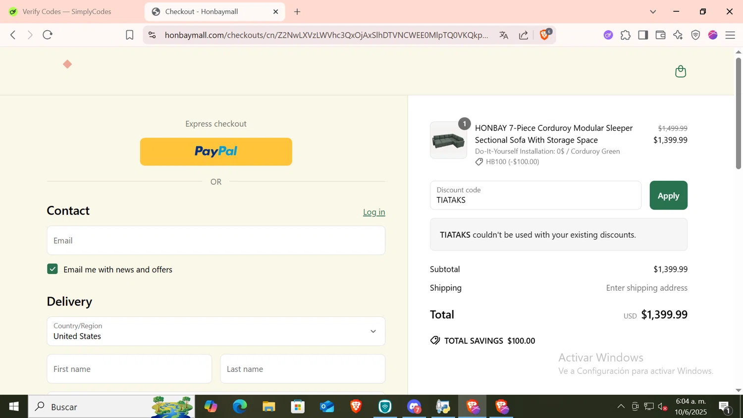 HONBAY discount code screenshot showing code TIATAKS applied at HONBAY checkout page. Uploaded by SimplyCodes community member CODMOBILE1 on Jun 10, 2025