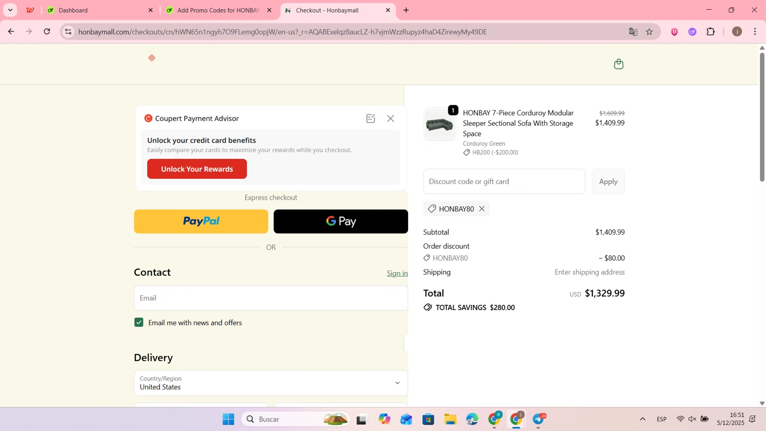 HONBAY discount code screenshot showing code HONBAY80 applied at HONBAY checkout page. Uploaded by SimplyCodes community member CouponNavigator9812 on Dec 5, 2025
