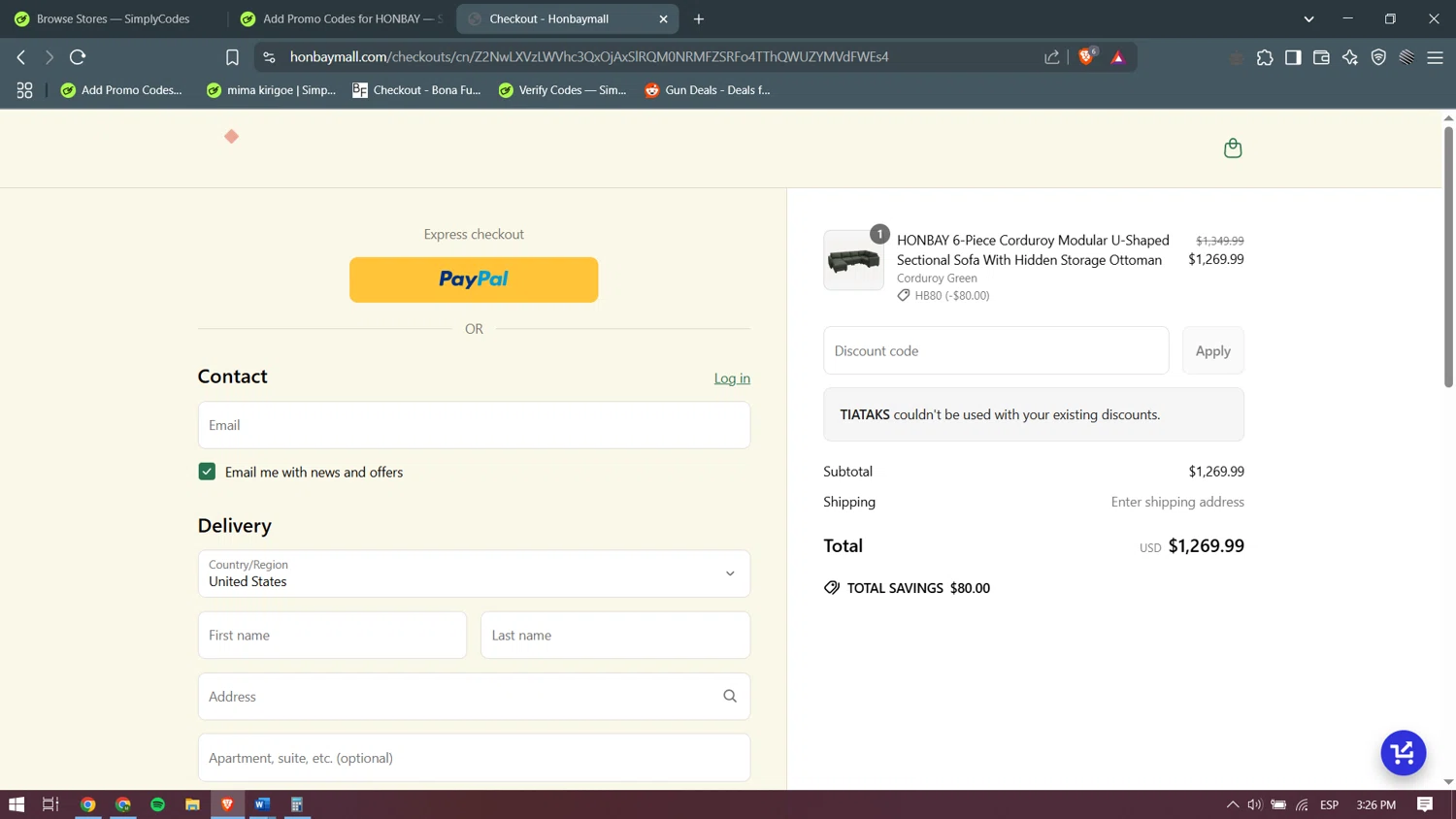 HONBAY discount code screenshot showing code TIATAKS applied at HONBAY checkout page. Uploaded by SimplyCodes community member becomeaware on May 7, 2025