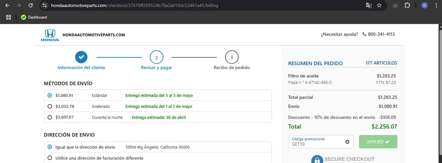 Honda Automotive Parts promo code screenshot showing code GET10 applied at Honda Automotive Parts checkout page. Uploaded by SimplyCodes community member SaturoGojo on Apr 25, 2025
