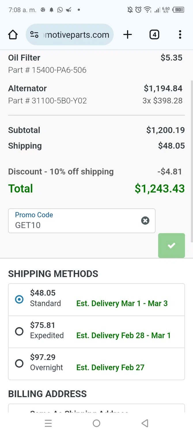 Honda Automotive Parts promo code screenshot showing code GET10 applied at Honda Automotive Parts checkout page. Uploaded by SimplyCodes community member CrownChaser1876 on Feb 26, 2025