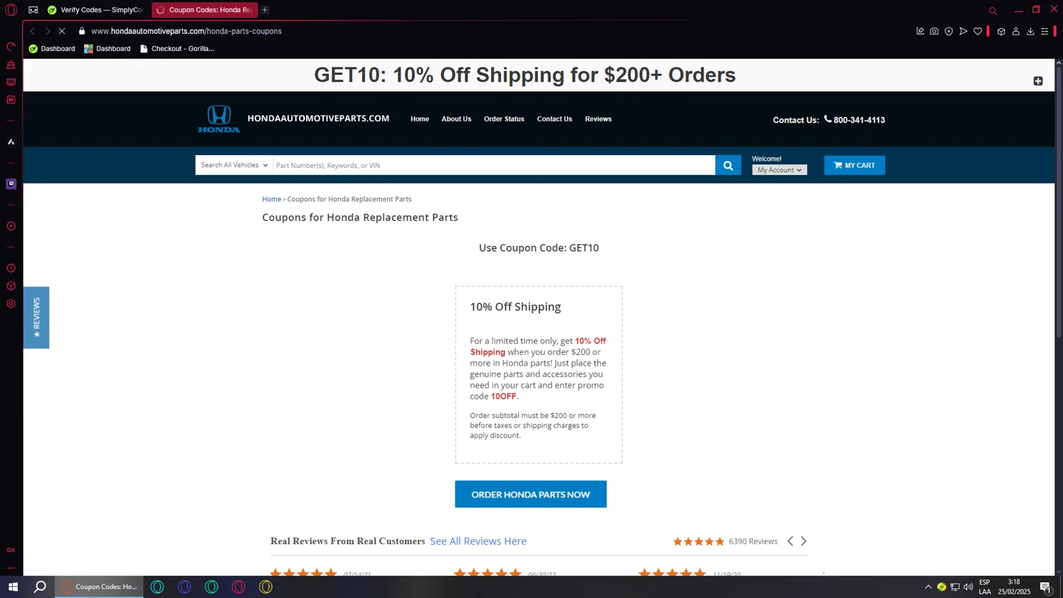 Honda Automotive Parts promo code screenshot showing code 10OFF applied at Honda Automotive Parts checkout page. Uploaded by SimplyCodes community member MoneyMonarch9272 on Feb 25, 2025