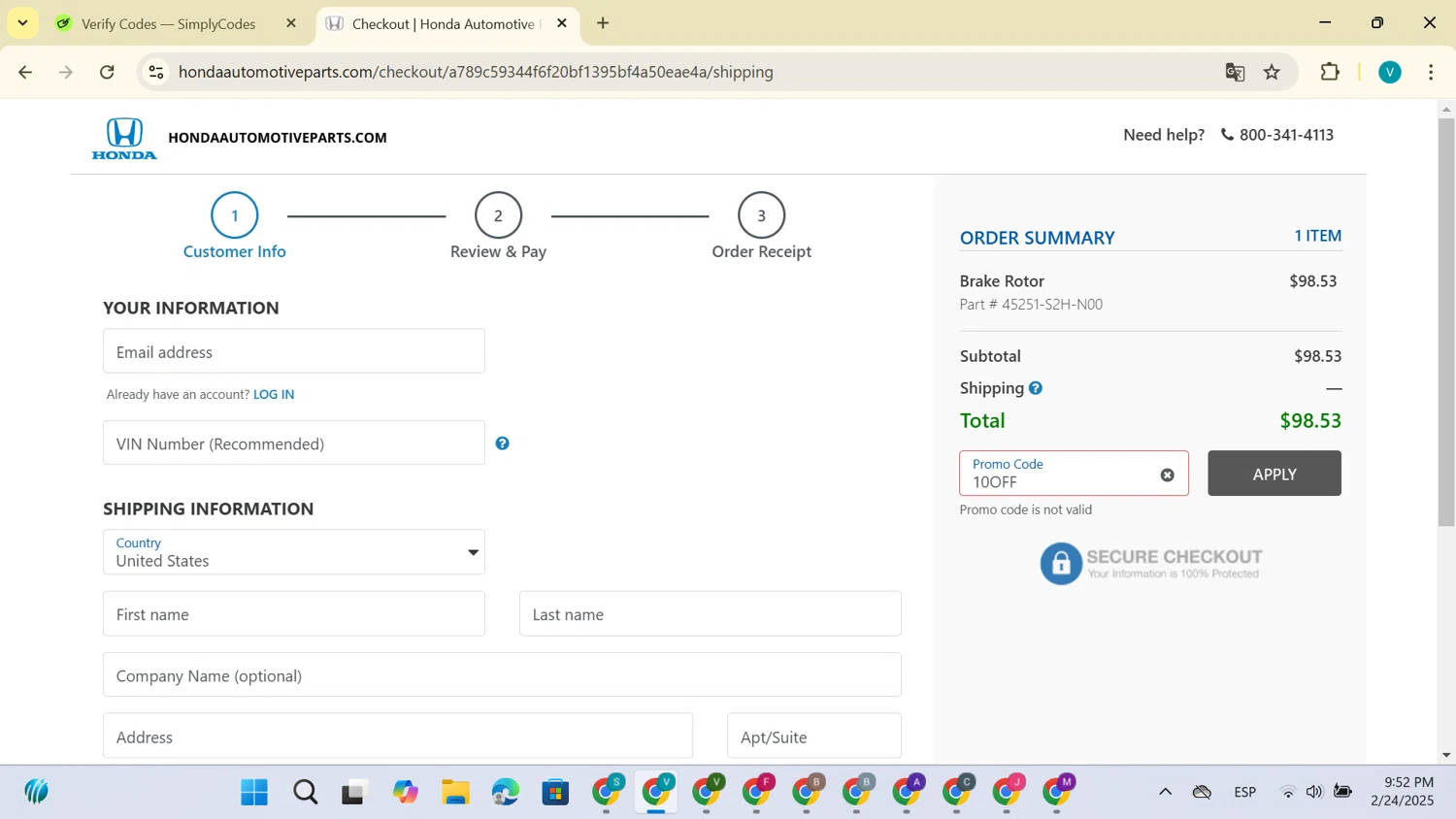 Honda Automotive Parts promo code screenshot showing code 10OFF applied at Honda Automotive Parts checkout page. Uploaded by SimplyCodes community member CodeLegend9596 on Feb 25, 2025