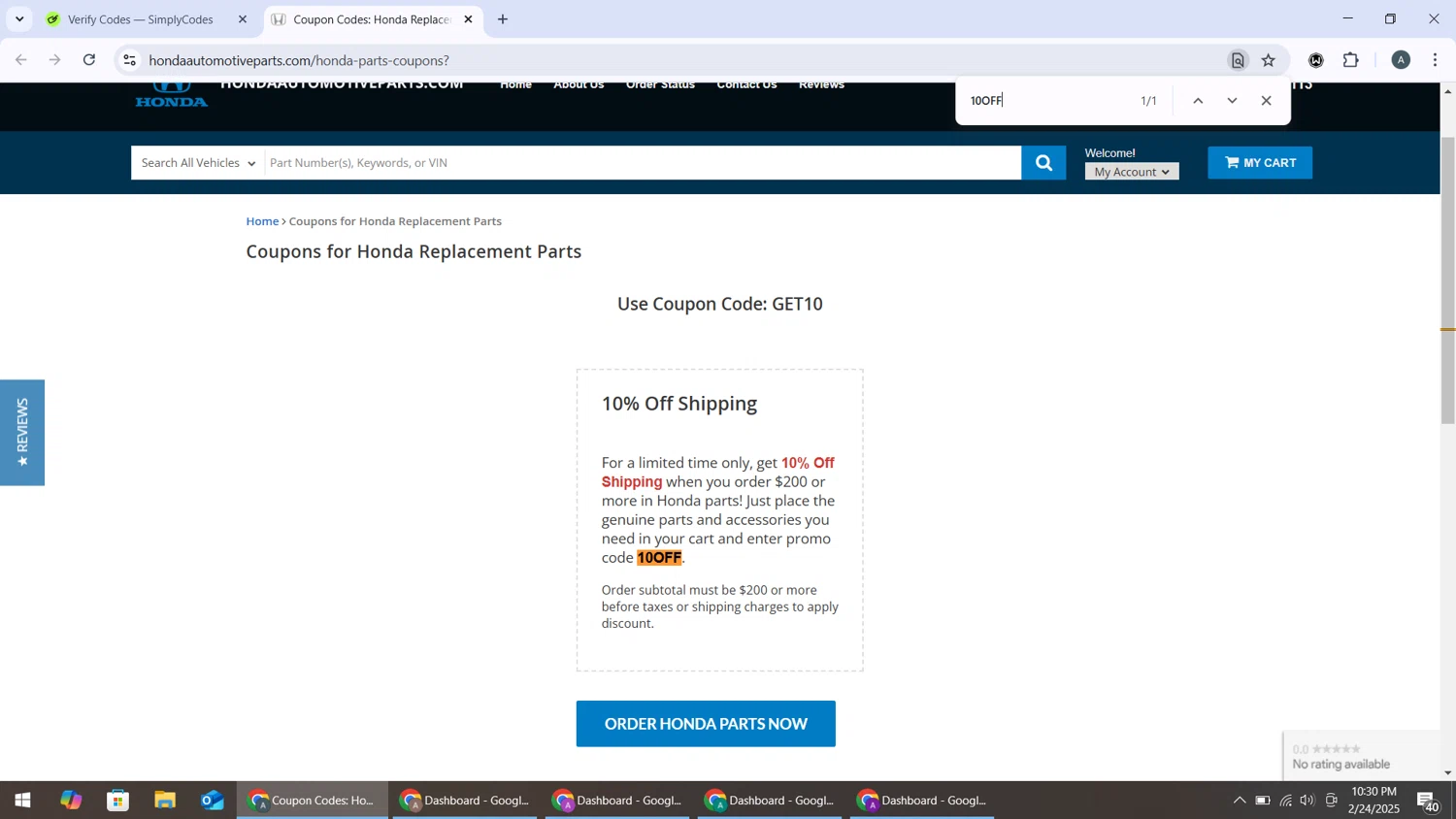 Honda Automotive Parts promo code screenshot showing code 10OFF applied at Honda Automotive Parts checkout page. Uploaded by SimplyCodes community member BonusMonarch7015 on Feb 25, 2025
