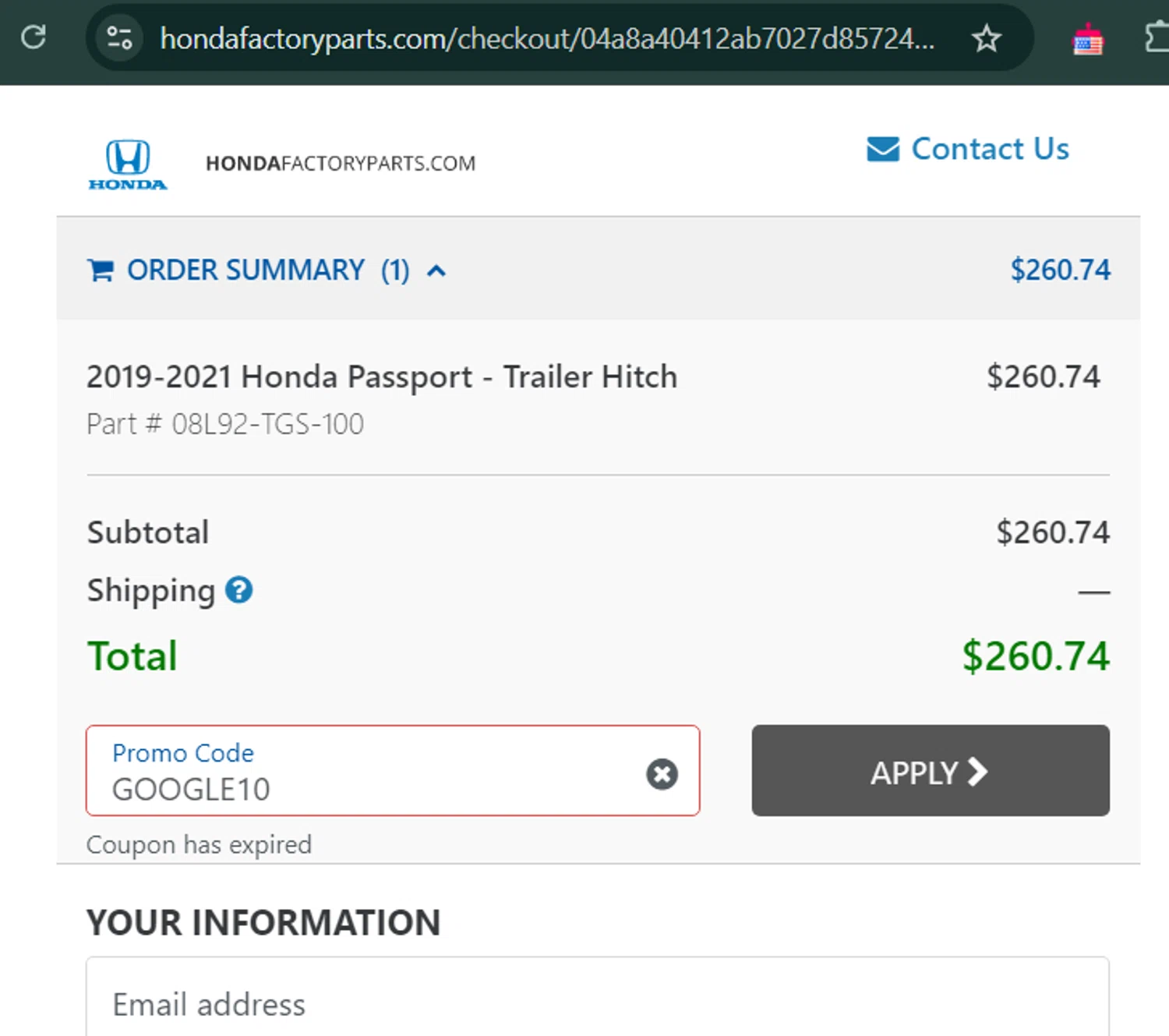Honda Factory Parts promo code screenshot showing code GOOGLE10 applied at Honda Factory Parts checkout page. Uploaded by SimplyCodes community member Sanemi on Jan 22, 2025
