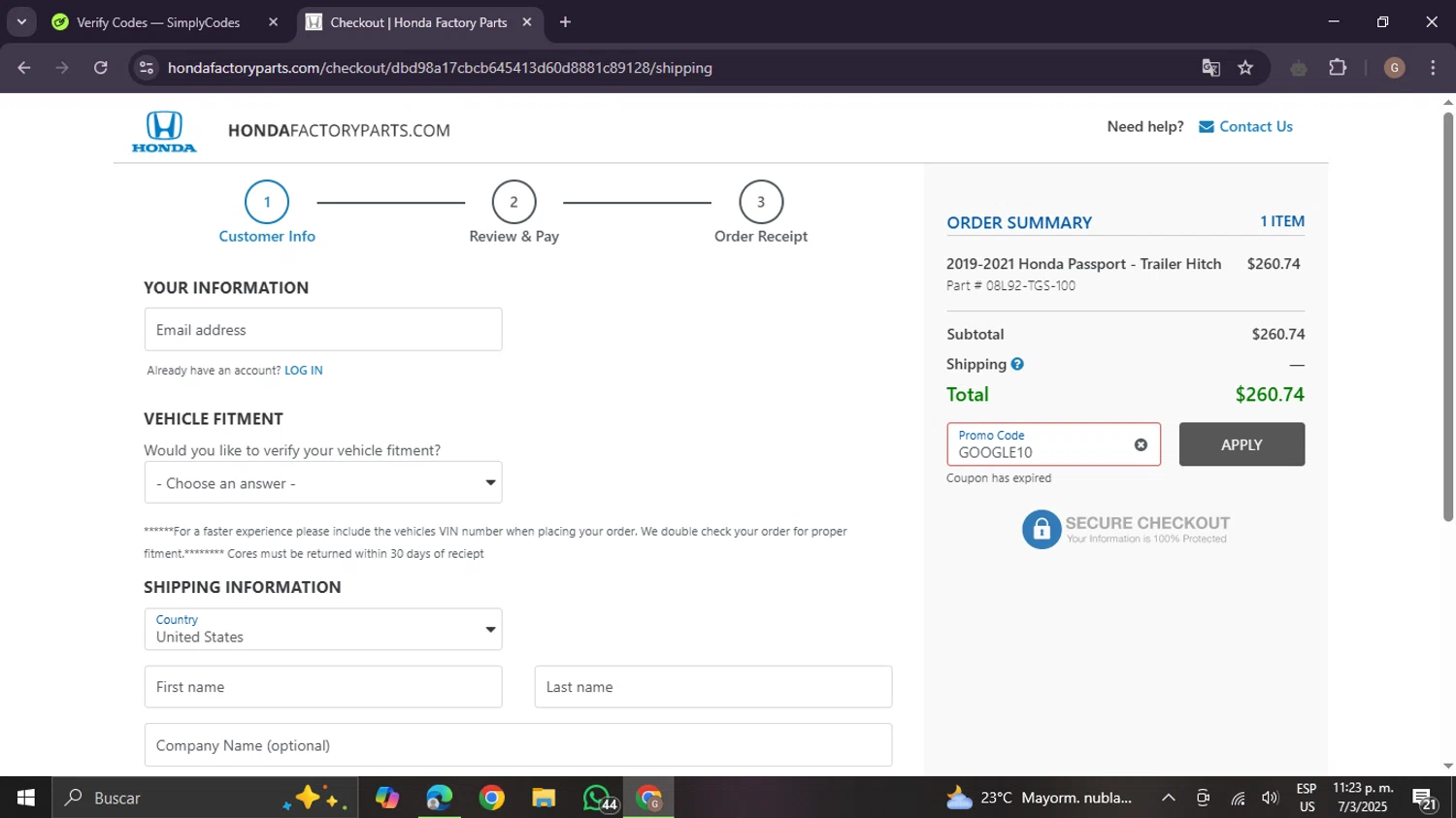 Honda Factory Parts promo code screenshot showing code GOOGLE10 applied at Honda Factory Parts checkout page. Uploaded by SimplyCodes community member BrilliantTracker4207 on Mar 8, 2025
