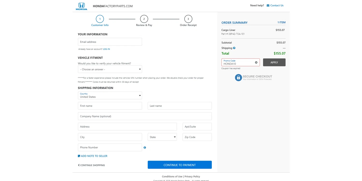 Honda Factory Parts promo code screenshot showing code honda10 applied at Honda Factory Parts checkout page. Uploaded by SimplyCodes community member DealOwl558 on Mar 15, 2025