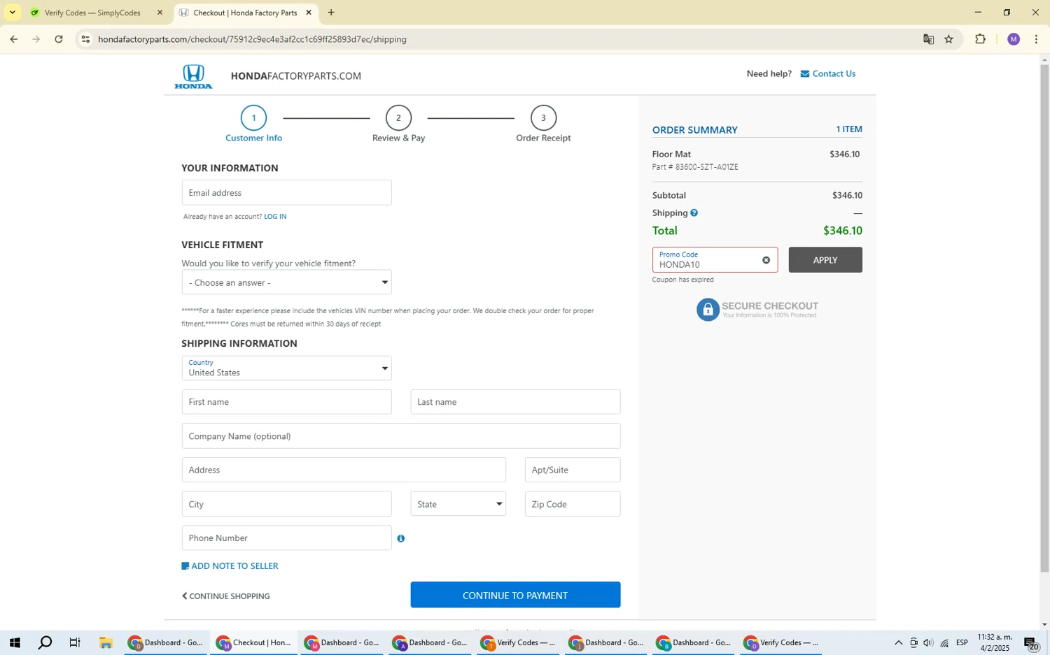 Honda Factory Parts promo code screenshot showing code honda10 applied at Honda Factory Parts checkout page. Uploaded by SimplyCodes community member VoucherScout6115 on Feb 4, 2025