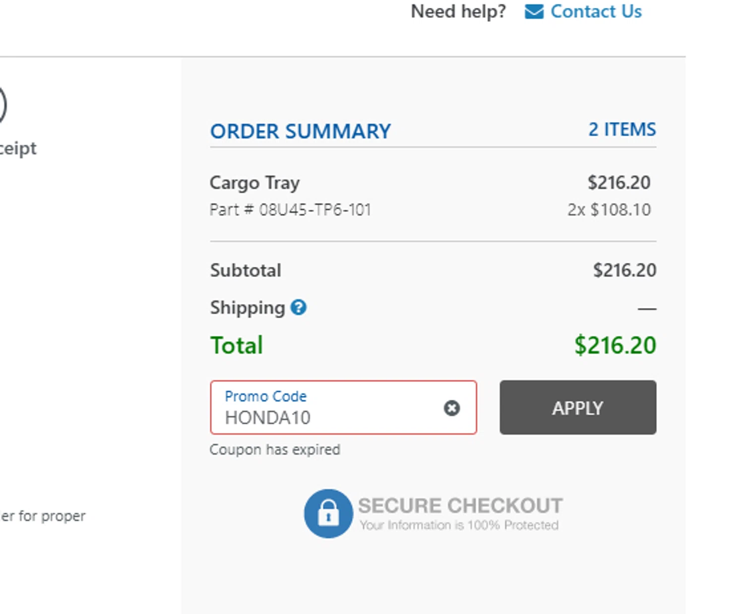 Honda Factory Parts promo code screenshot showing code honda10 applied at Honda Factory Parts checkout page. Uploaded by SimplyCodes community member SnoopDogg on Jan 6, 2025