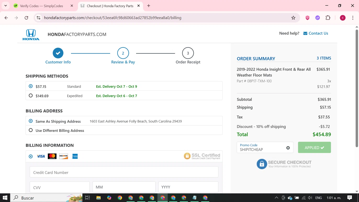 Honda Factory Parts promo code screenshot showing code SHIPITCHEAP applied at Honda Factory Parts checkout page. Uploaded by SimplyCodes community member RewardElite5744 on Sep 25, 2025