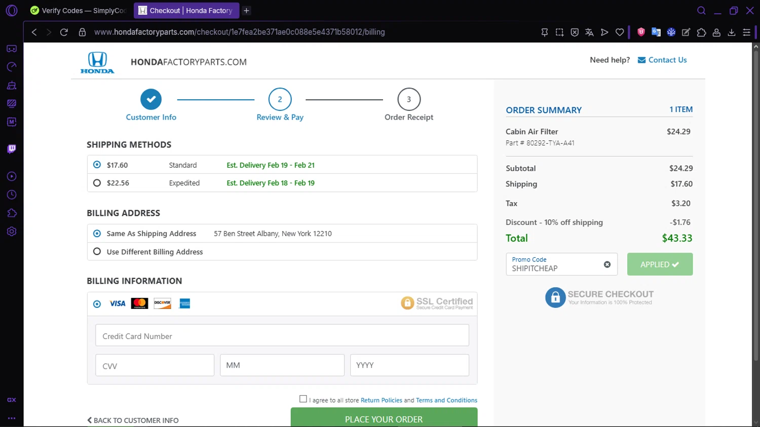 Honda Factory Parts promo code screenshot showing code SHIPITCHEAP applied at Honda Factory Parts checkout page. Uploaded by SimplyCodes community member RewardLion134 on Feb 8, 2026