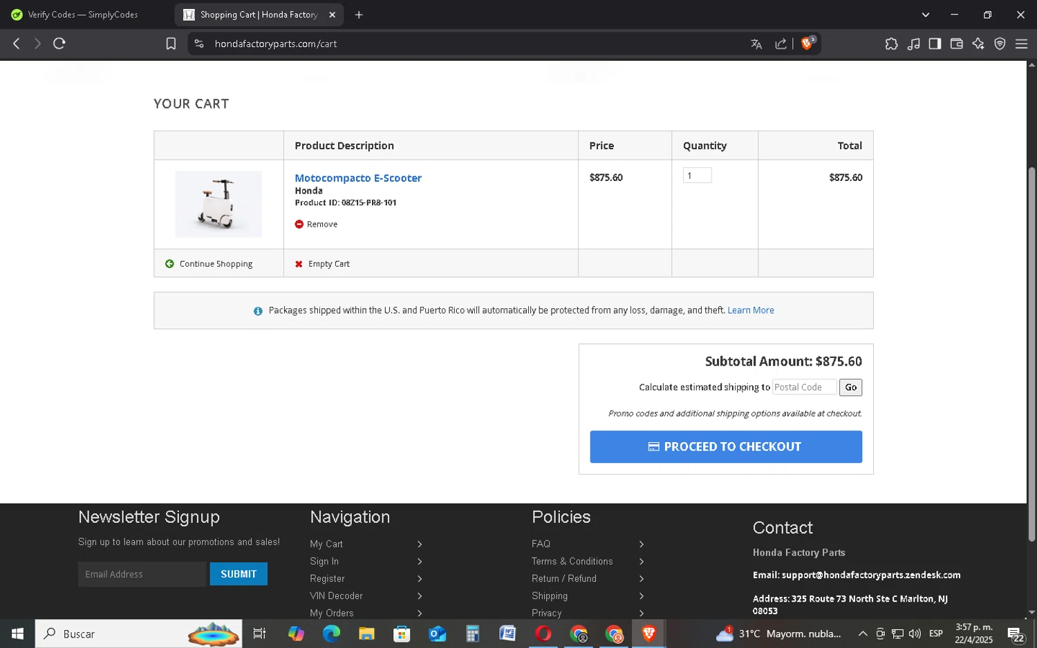 Honda Factory Parts promo code screenshot showing code CBEXCLUSIVE5 applied at Honda Factory Parts checkout page. Uploaded by SimplyCodes community member FrugalMonarch7277 on Apr 22, 2025