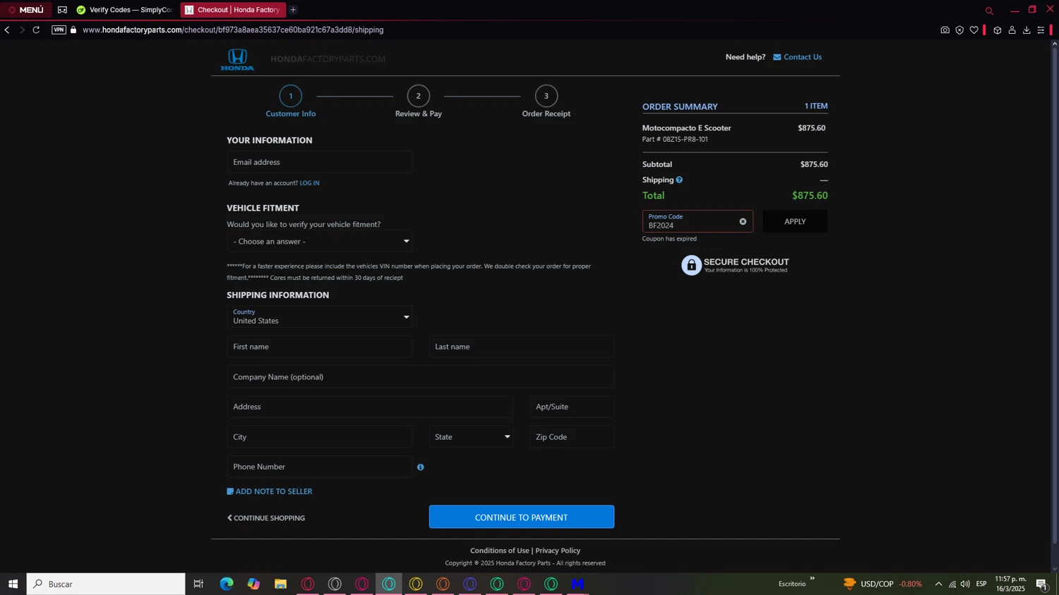 Honda Factory Parts promo code screenshot showing code BF2024 applied at Honda Factory Parts checkout page. Uploaded by SimplyCodes community member GoldRanger3764 on Mar 17, 2025