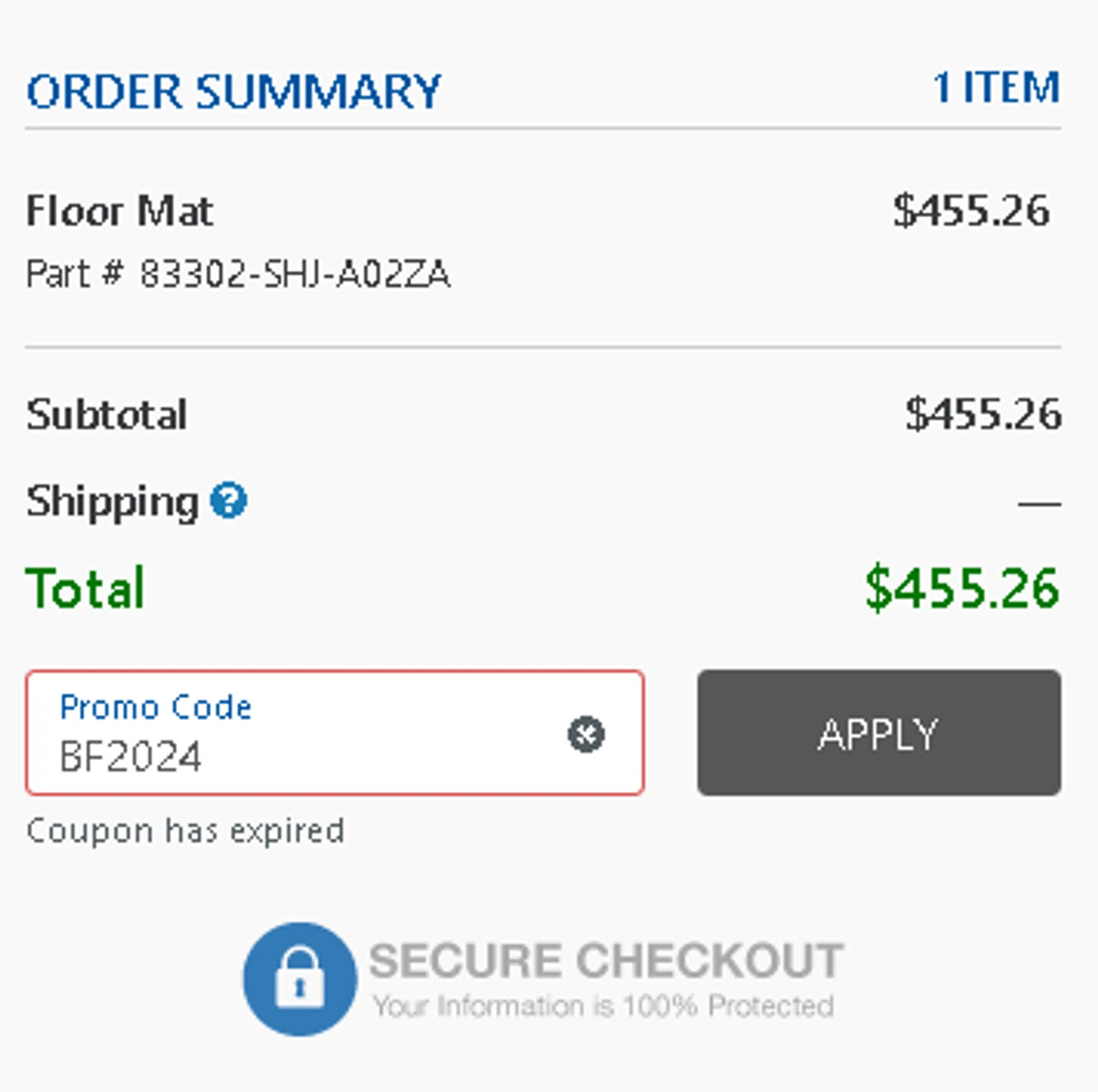 Honda Factory Parts promo code screenshot showing code BF2024 applied at Honda Factory Parts checkout page. Uploaded by SimplyCodes community member MightyPhoenix5865 on Mar 17, 2025