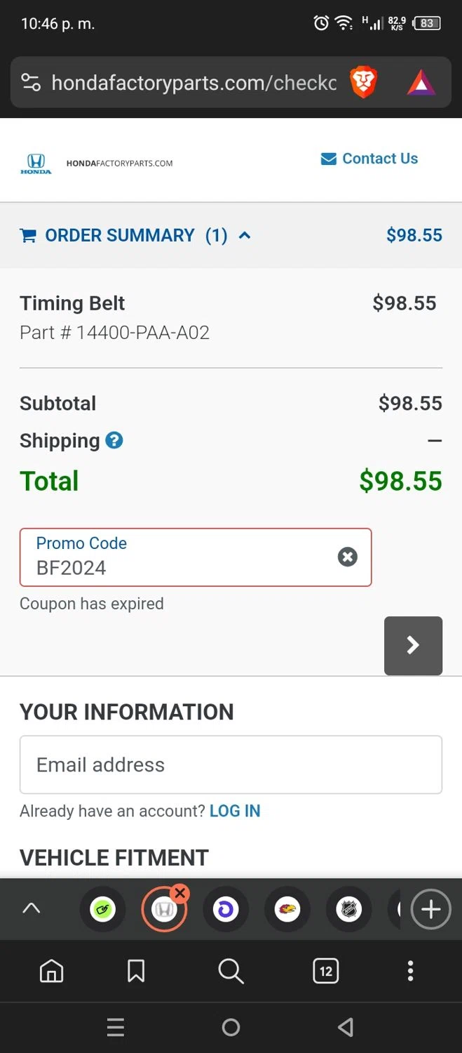 Honda Factory Parts promo code screenshot showing code BF2024 applied at Honda Factory Parts checkout page. Uploaded by SimplyCodes community member FrugalSpotter7217 on Mar 17, 2025